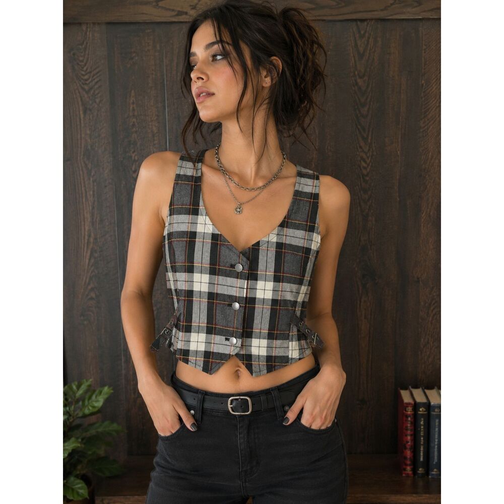 Plaid Crop Vest | Button Front Waistcoat | Gothic Academia Grunge Y2K